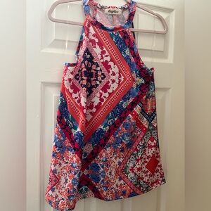 Vibrant Red and Blue Graphic Asymmetrical Tank Top